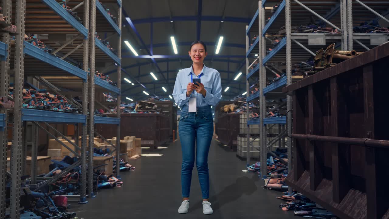 Donna asiatica a figura intera con il suo smartphone e un sorriso, magazzino industriale di rottami metallici e riciclaggio.