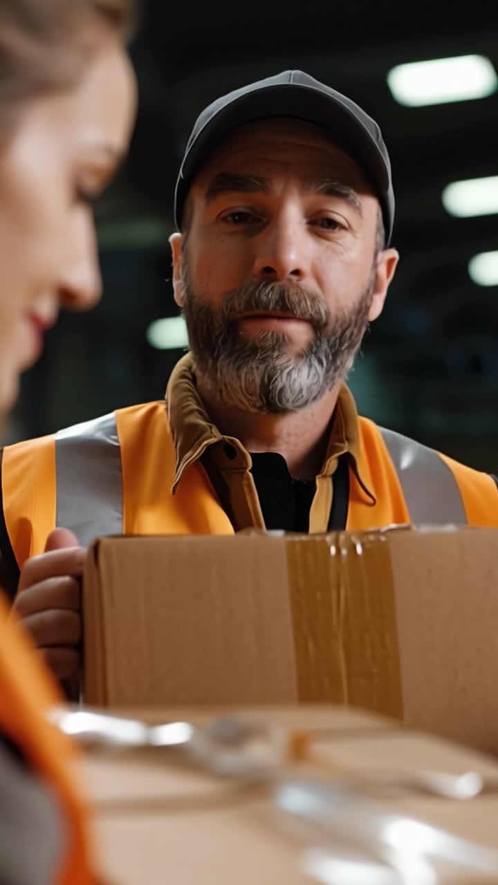 Operai di magazzino dedicati con equipaggiamento di sicurezza mostrano lavoro di squadra ed efficienza mentre preparano pacchi per la consegna in un ambiente logistico professionale