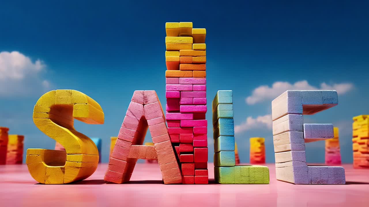 Vibrant Display of Colorful Building Blocks Forming the Word 'SALE', Capturing Attention with a Dynamic and Creative Presentation Against a Bright Sky Background