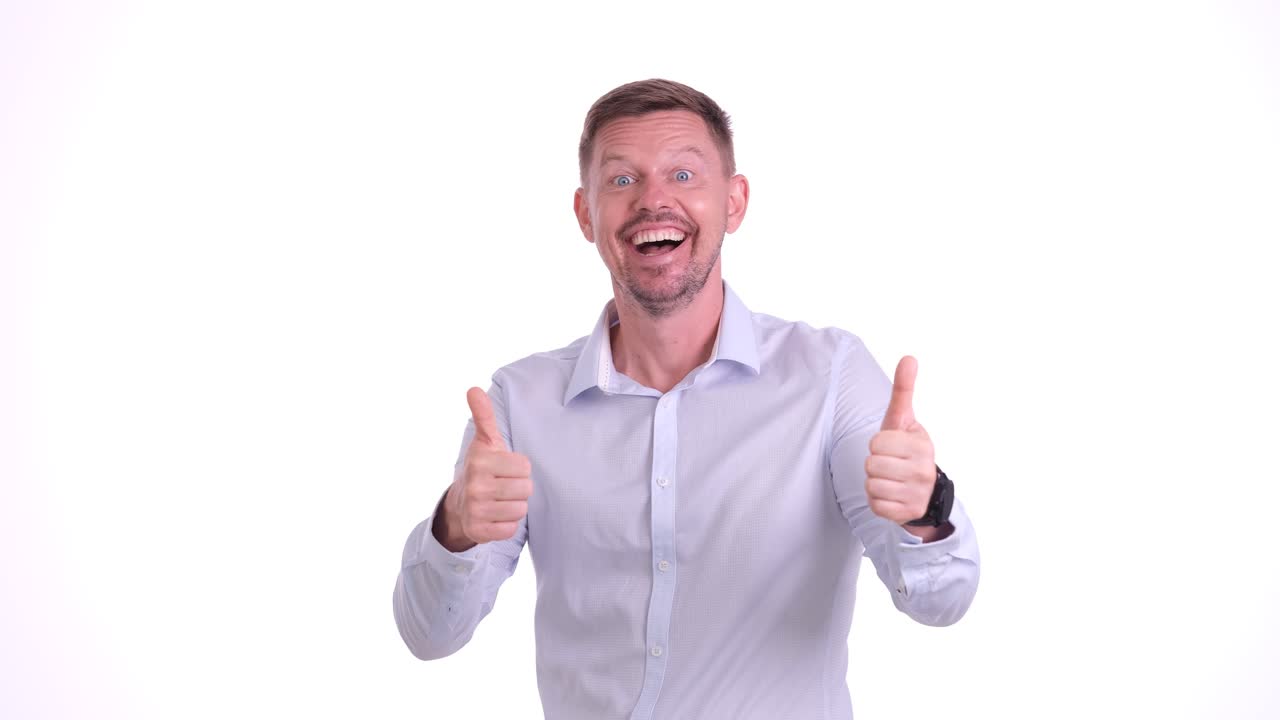 Excited man giving double thumbs up gesture
