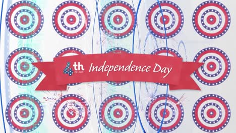 animación del texto del día de la independencia sobre las estrellas de la bandera estadounidense y coloreadas en círculos