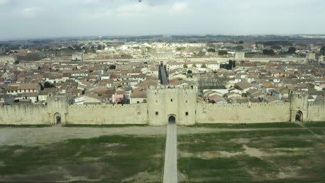 close to global view of aigues mortes walled city in south of france. cloudy day