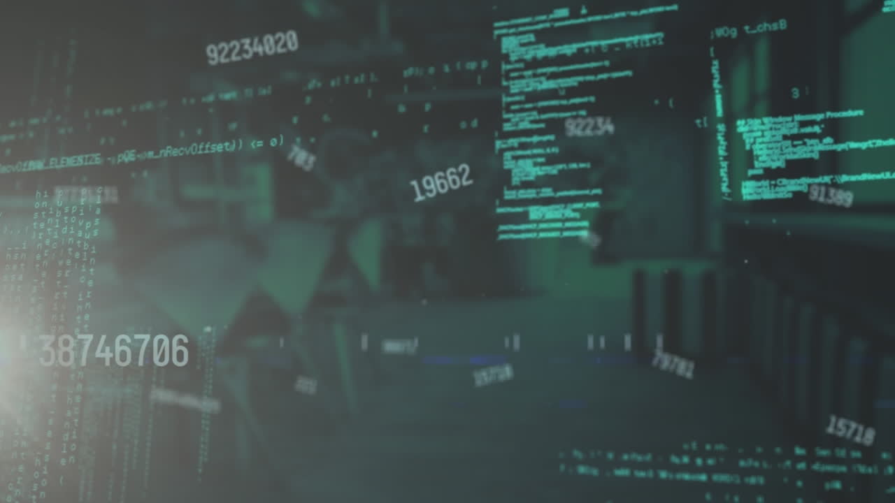 Animation of changing numbers, data processing and light spot against empty office