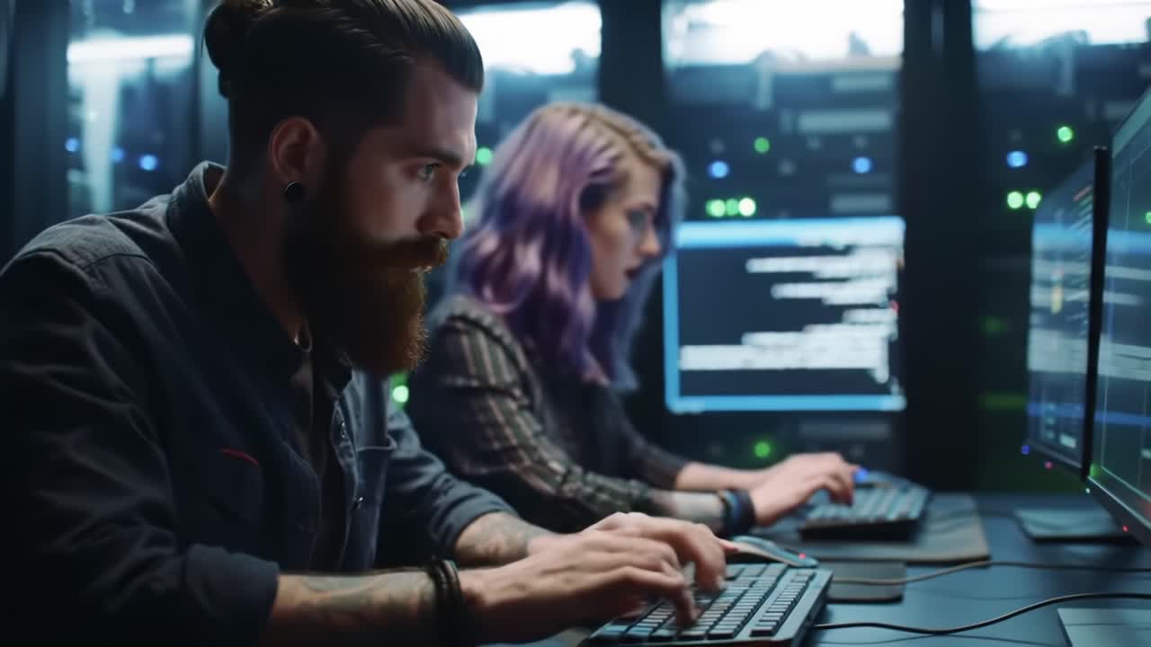 Focused Programmers Collaborating in a Server Room, Typing on Keyboards with Computer Screens Displaying Code in a Darkened Environment