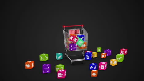 Icons-dropping-in-the-trolley-on-black-background