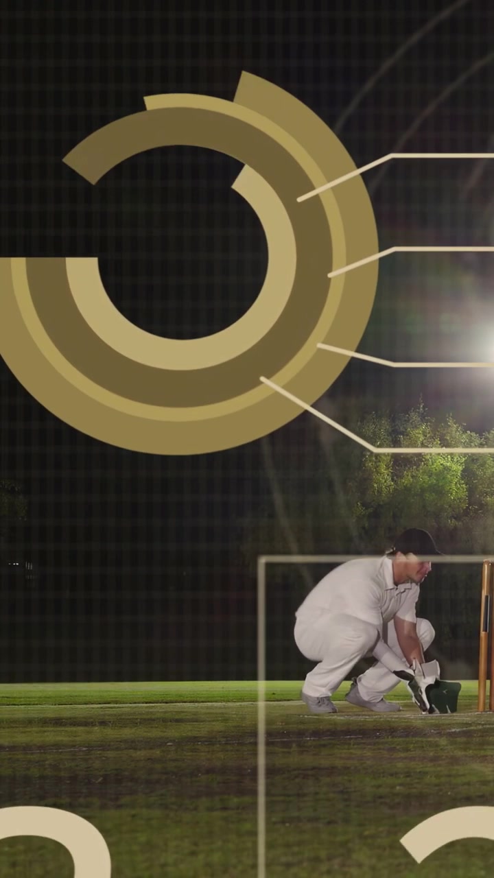 Video verticale: Battitore di cricket che cammina sulla linea di battuta, attivando dati HUD e sistemando i guanti per le statistiche