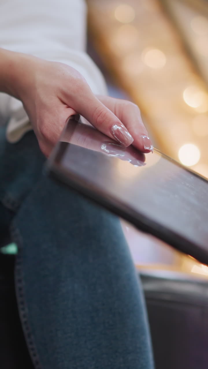 primer plano de una mano sosteniendo una tableta suavemente inclinada con reflejos de luz en la pantalla, luces decorativas brillan suavemente en el fondo borroso