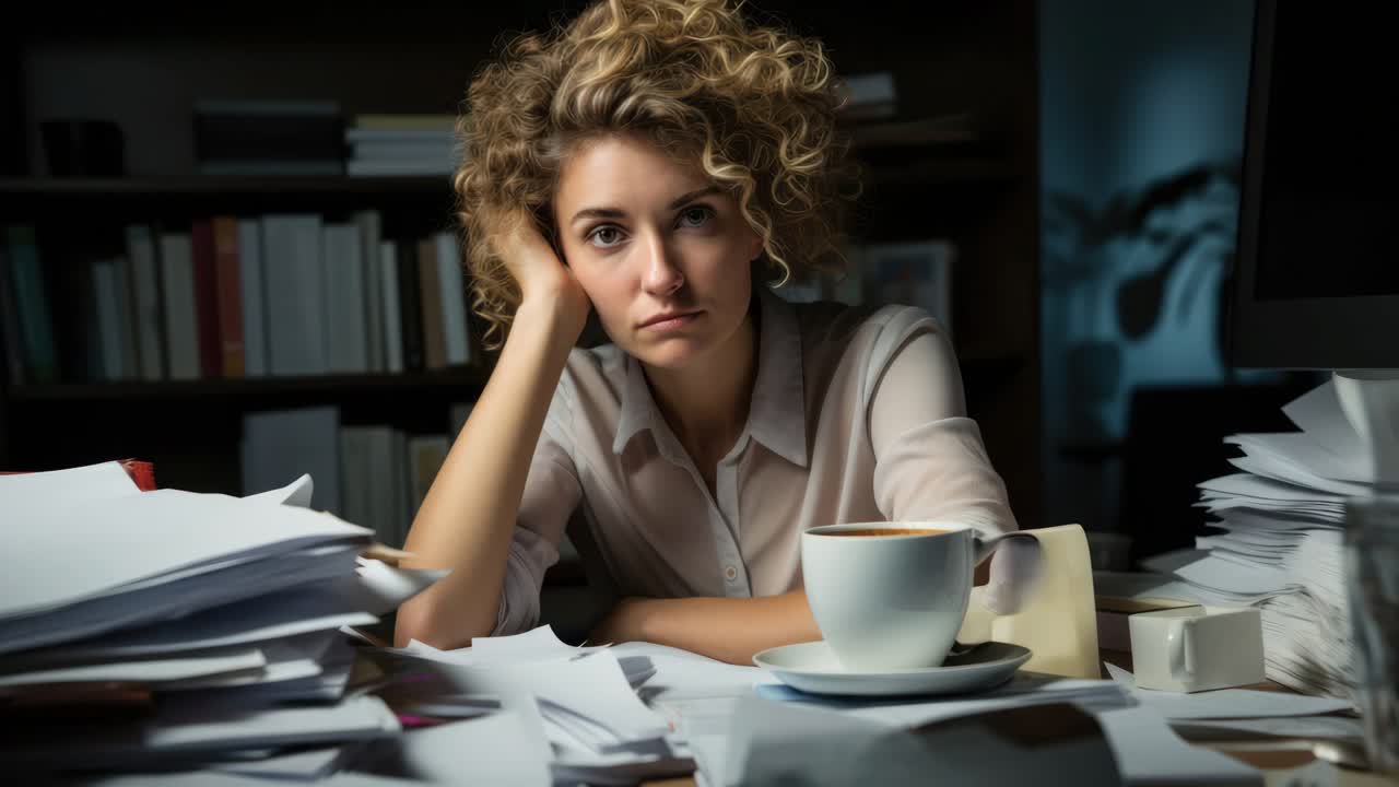 A woman sits at a cluttered desk, looking tired. The low-angle shot emphasizes the stress of work