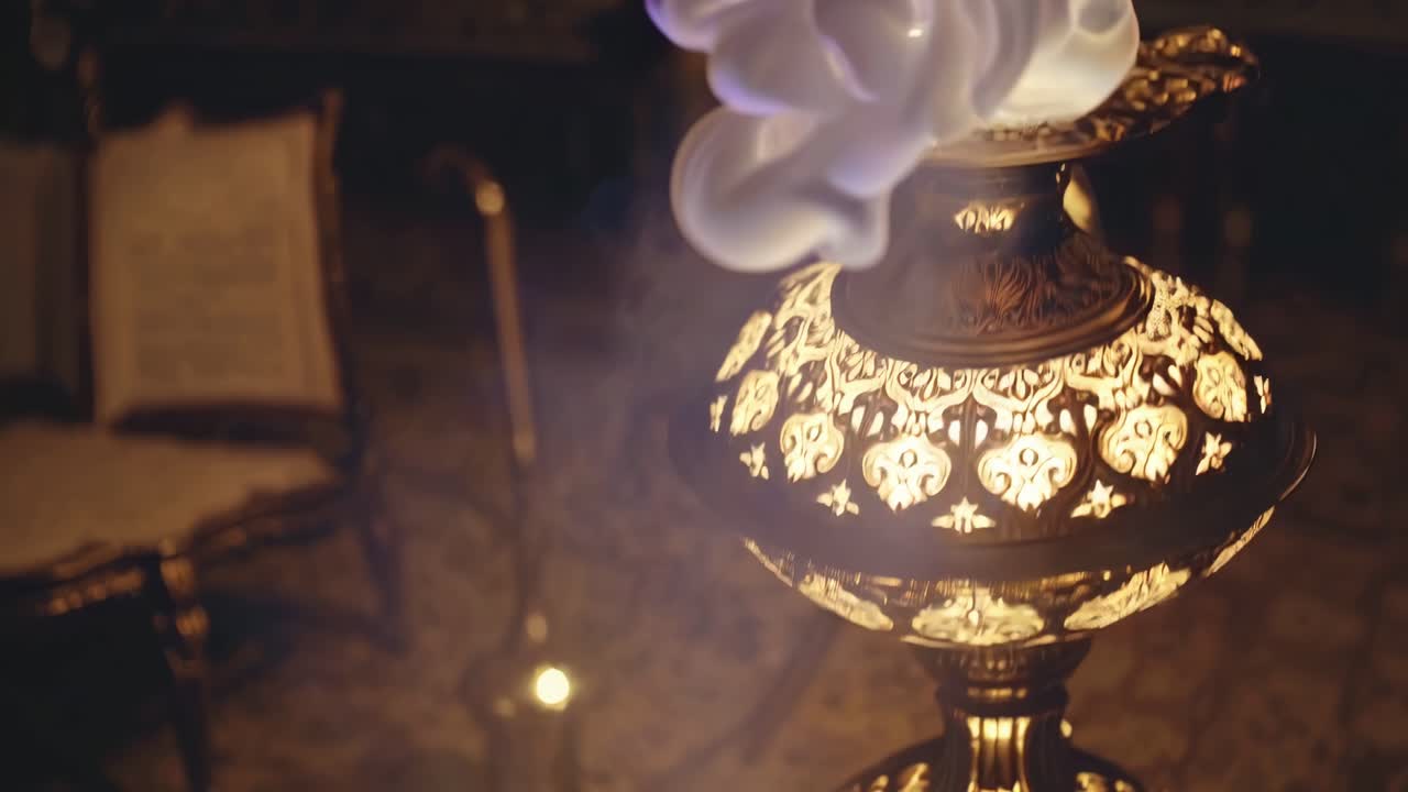 Ornate metallic lamp emitting swirling, mystical smoke creates an enchanting atmosphere in a dimly lit room with an open book on a stand, evoking magic and spirituality