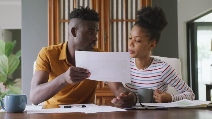 Video af et fokuseret afroamerikansk par, der planlægger husstandens budget.