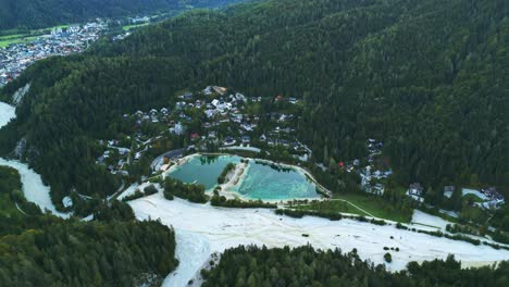 Glacier-lake-in-Alps-of-Slovenia,-aerial-drone-view