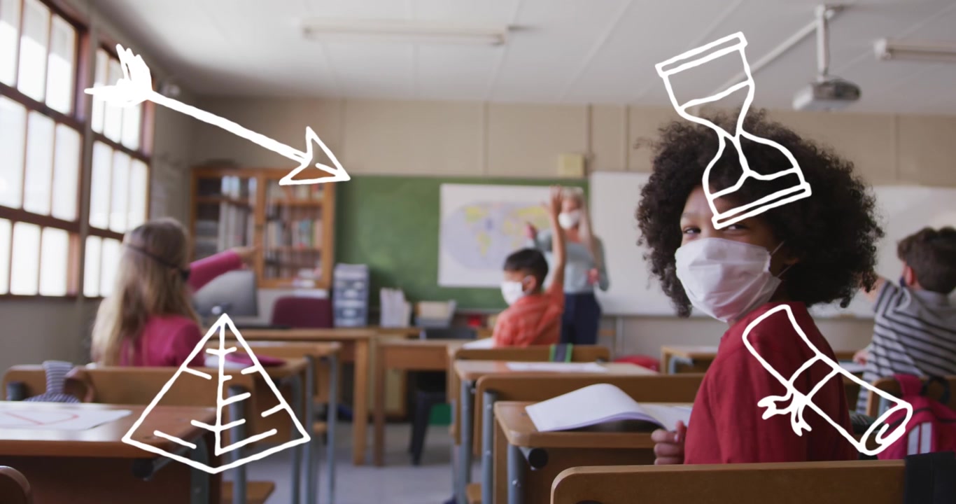 Animação de contornos de itens escolares aparecendo sobre a vista de costas de uma turma de alunos diversos