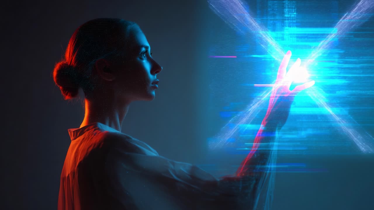 A woman interacts with a digital interface, showcasing technology and innovation in a visually striking scene that blends human emotion with futuristic elements and vibrant colors