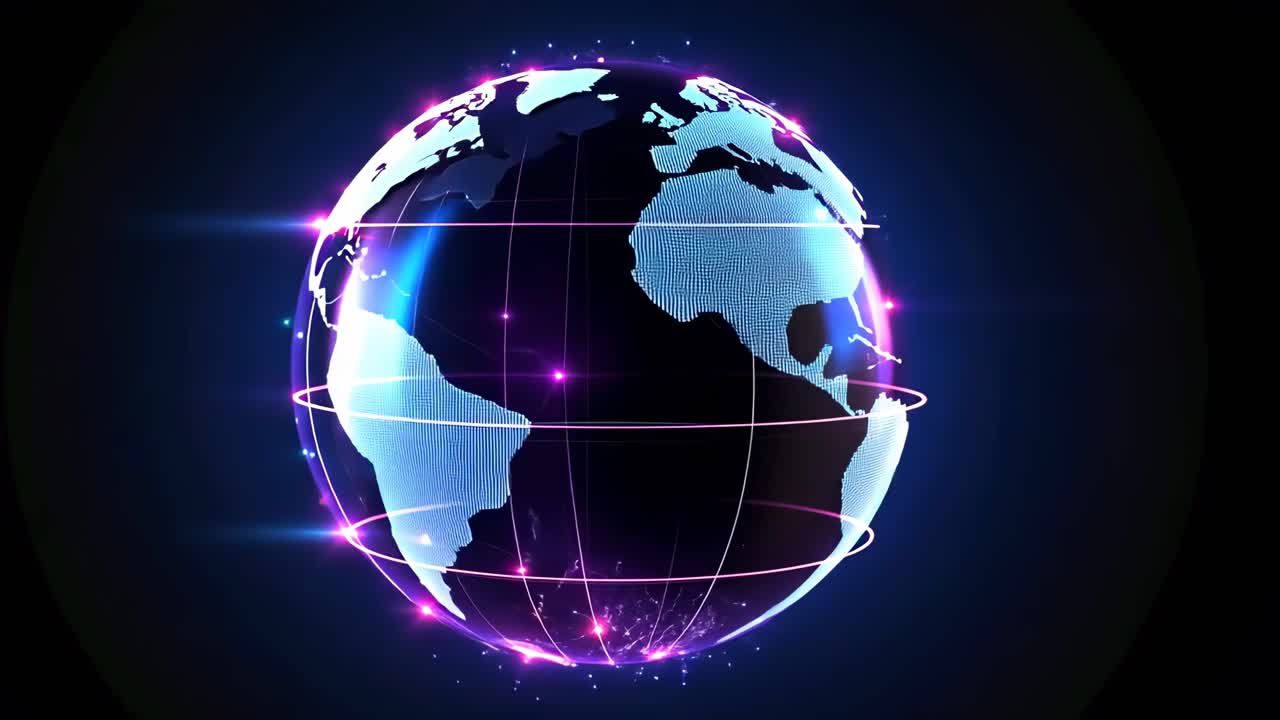 Futuristic video concept of a glowing digital globe with neon lines, viewed from a tilted angle