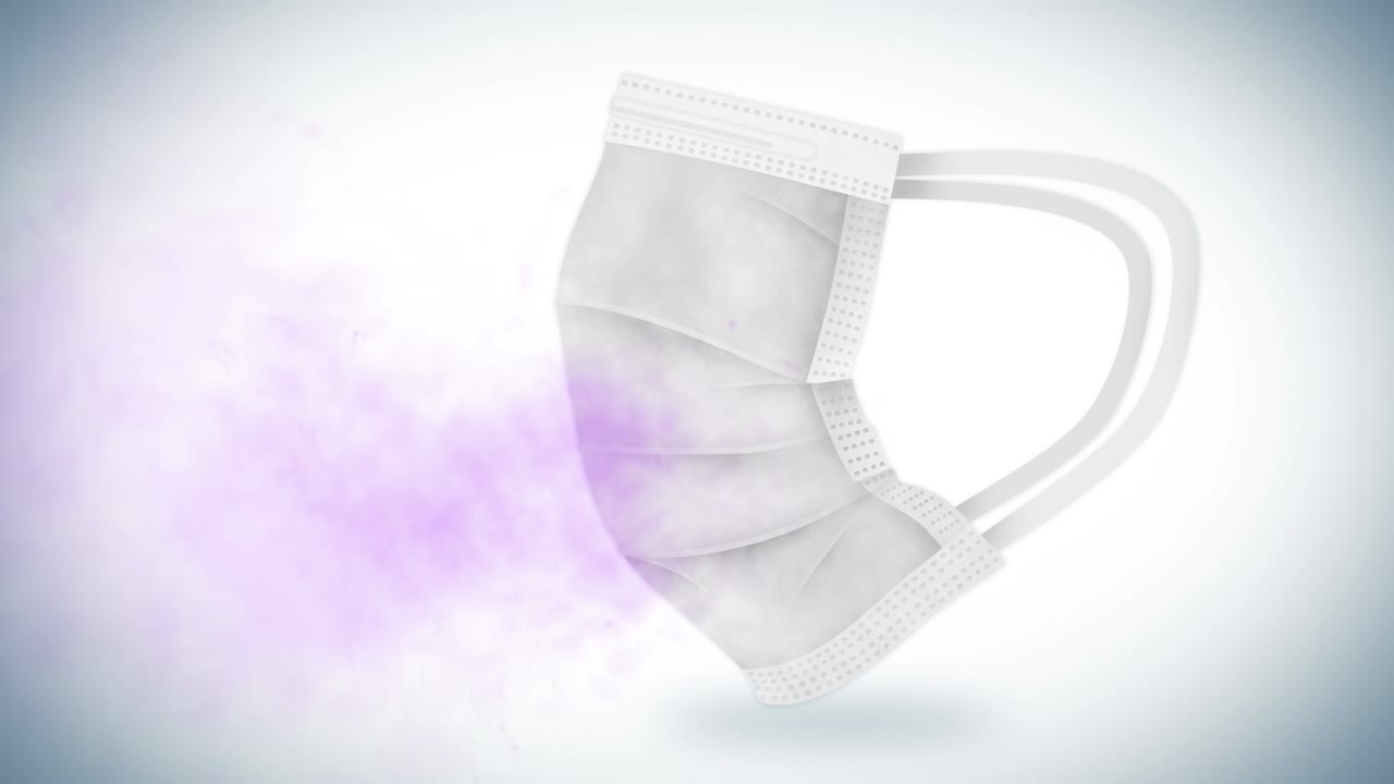 바이러스에 대한 현실적인 의료 얼굴 마스크. 마스크 착용과 호흡. 건강 관리 개념. 호흡. 오염 된 공기로부터 보호. 루프 애니메이션.