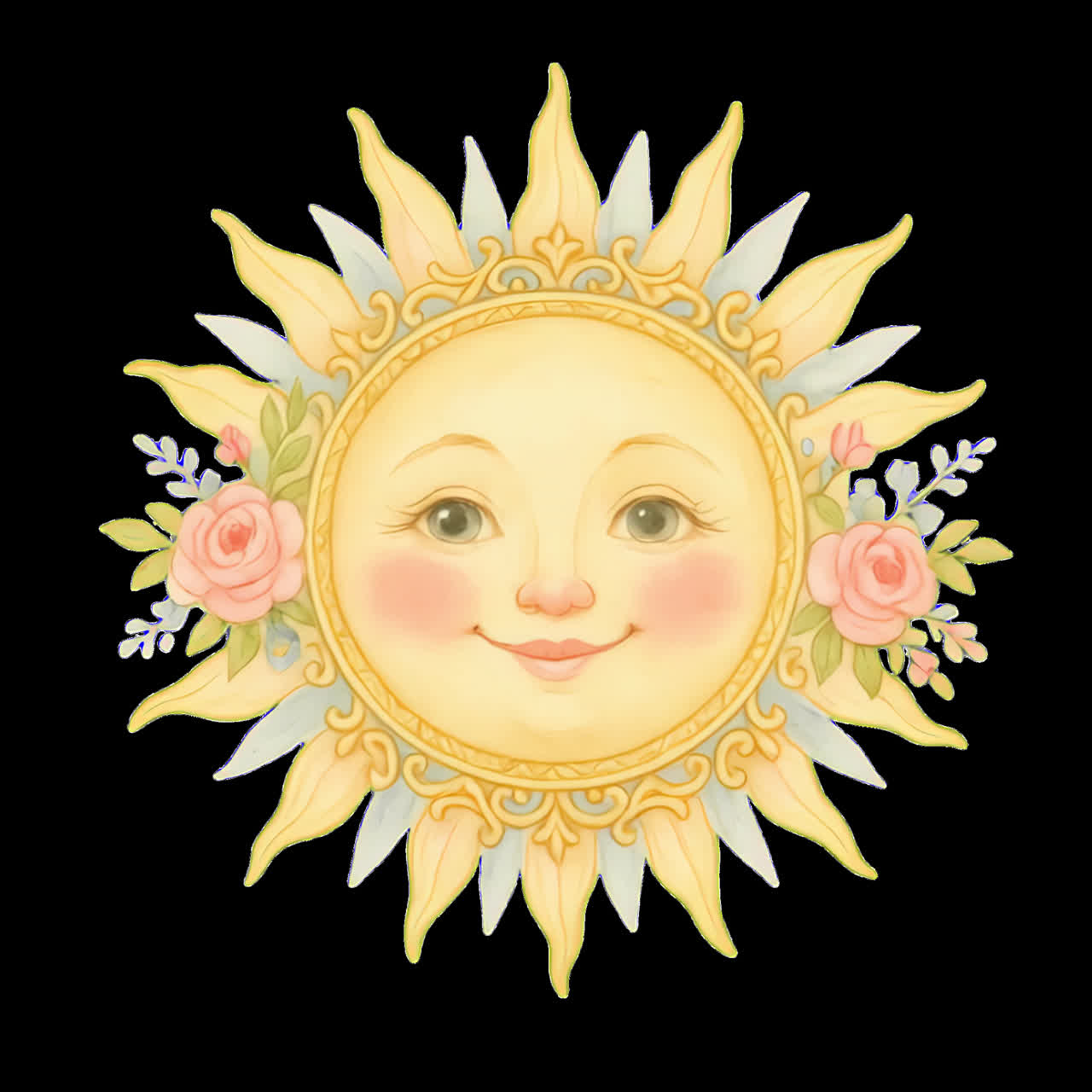 Whimsical sun with floral accents animation isolated asset, transparent 4K video, alpha channel