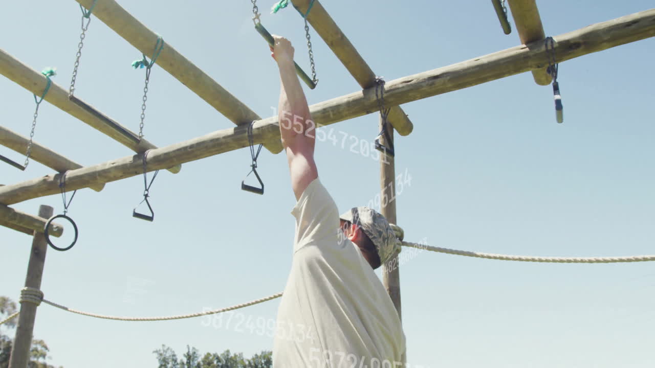 Navigating outdoor obstacle course, person with numbers animation overlay on screen