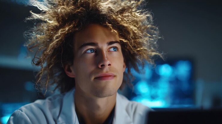 Thoughtful Scientist with Distinctive Hair, Deep in Contemplation, Ponders Innovative Solutions in a Modern Laboratory Setting