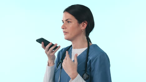 Nurse,-smartphone-call-and-woman-recording-audio