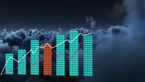 Animation-of-statistical-data-processing-against-dark-clouds-in-the-blue-sky