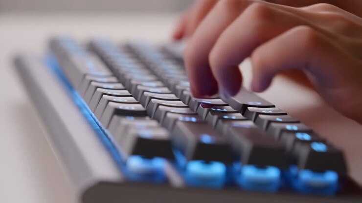 Nærbillede af hænder, der taster på et oplyst mekanisk tastatur.