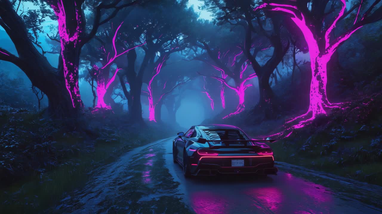Neon Forest Drive: A Cyberpunk Journey Through Glowing Trees