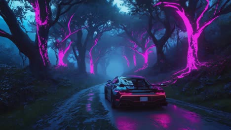 neon forest drive: a cyberpunk journey through glowing trees