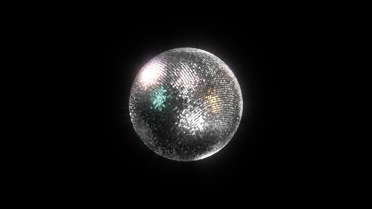 Palla da discoteca scintillante che ruota lentamente su sfondo nero