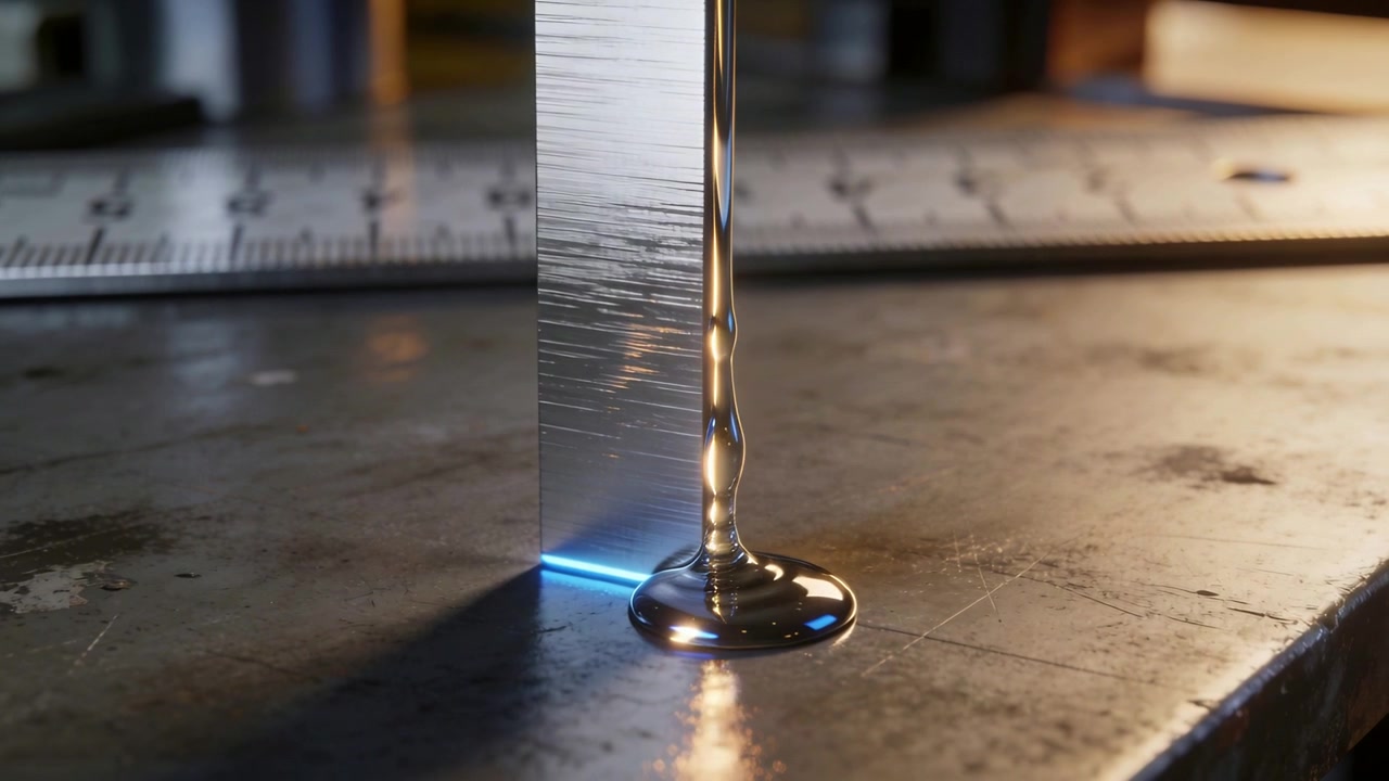 Flowing silver liquid column feeding strip, growing bead, forming puddle on bench with blue light