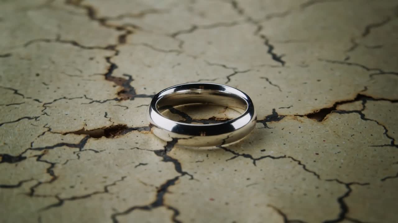 Shifting camera panning silver ring, shifting reflections on cracked surface to highlight fissures
