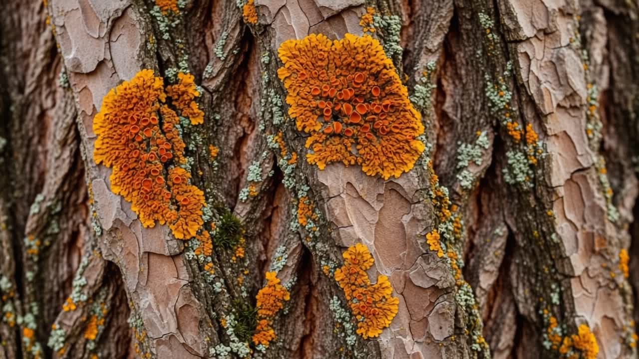 A Stunning Close-Up of Vibrantly Colored Lichens and Their Intricate Textures on the Bark of a Tree, Showcasing Nature's Remarkable Beauty and Diversity