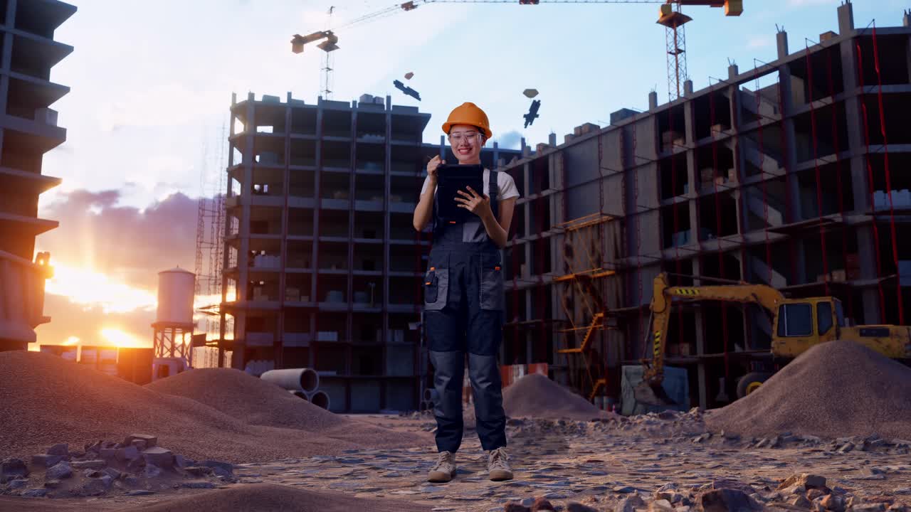 cuerpo lleno de trabajadora asiática que usa gafas y casco de seguridad tomando nota en una tableta mientras está de pie en el sitio de construcción