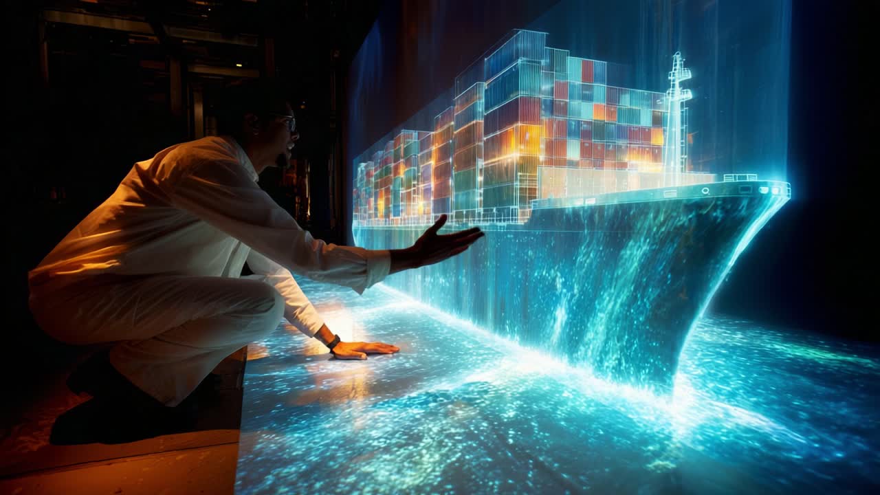 A glowing holographic projection of a large cargo ship emerges from water, showcasing vibrant colors and intricate details, while a person interacts with the visual display