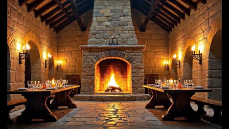 medieval dining hall with fireplace