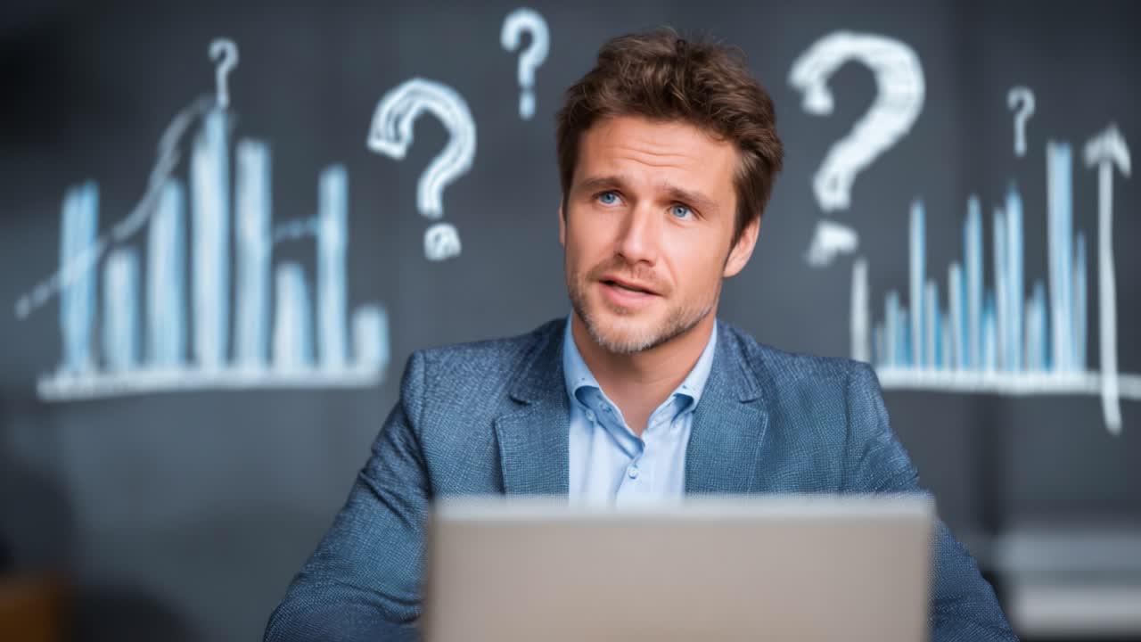 A Business Professional Analyzing Confounding Data Trends, Expressing Uncertainty and Curiosity, Surrounded by Graphs and Question Marks on a Chalkboard Background