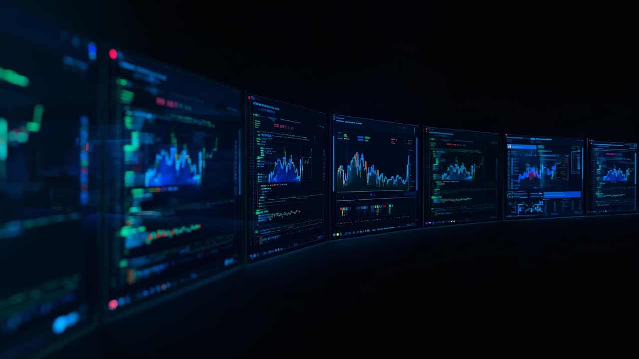 Blurred view initiating camera panning across monitor array in control room capturing data updates