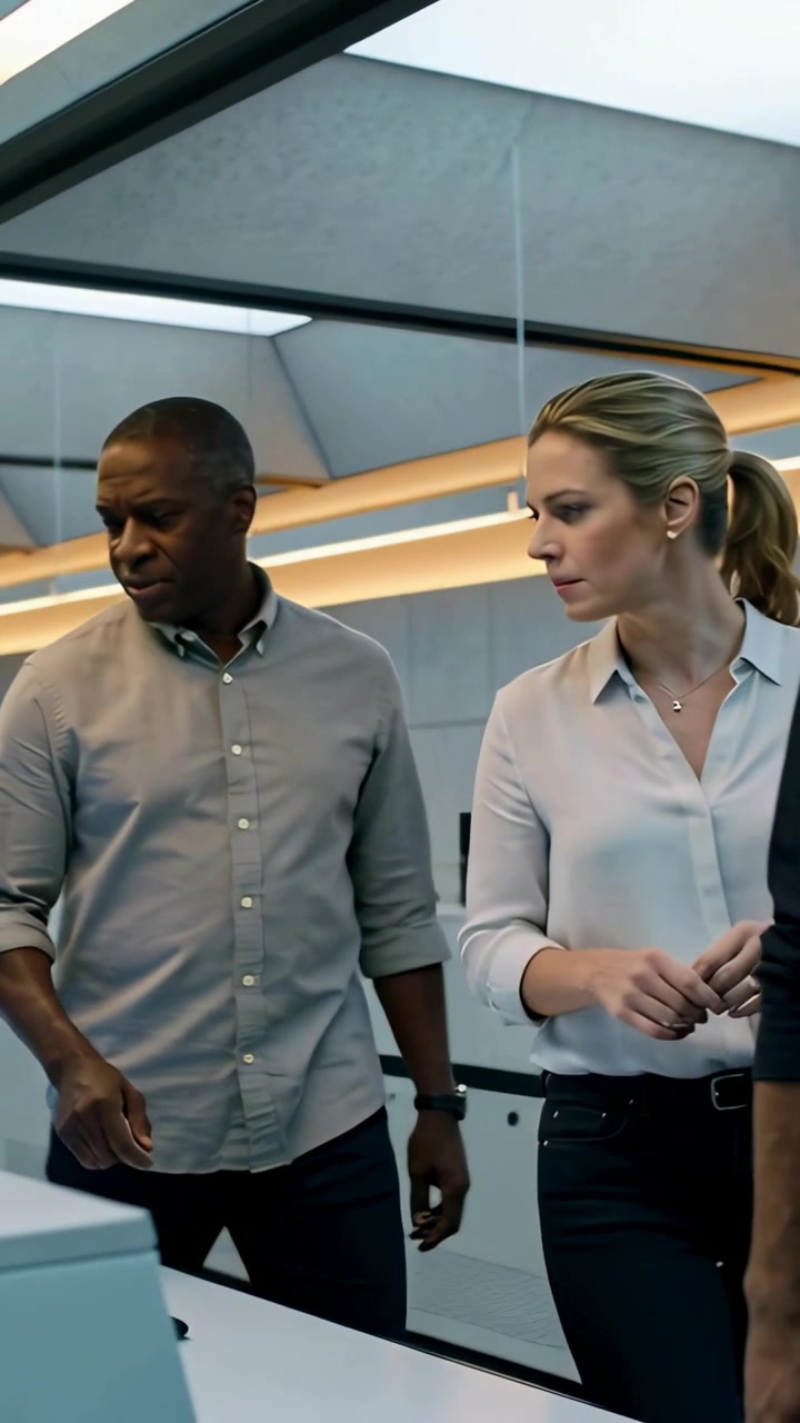 Vertical video: Walking duo to monitor, man grey shirt pointing while woman leaning checking screen