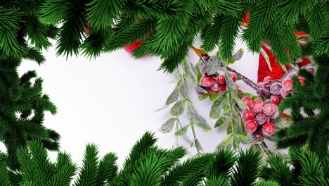 animation of christmas fir tree frame over decorations on white background