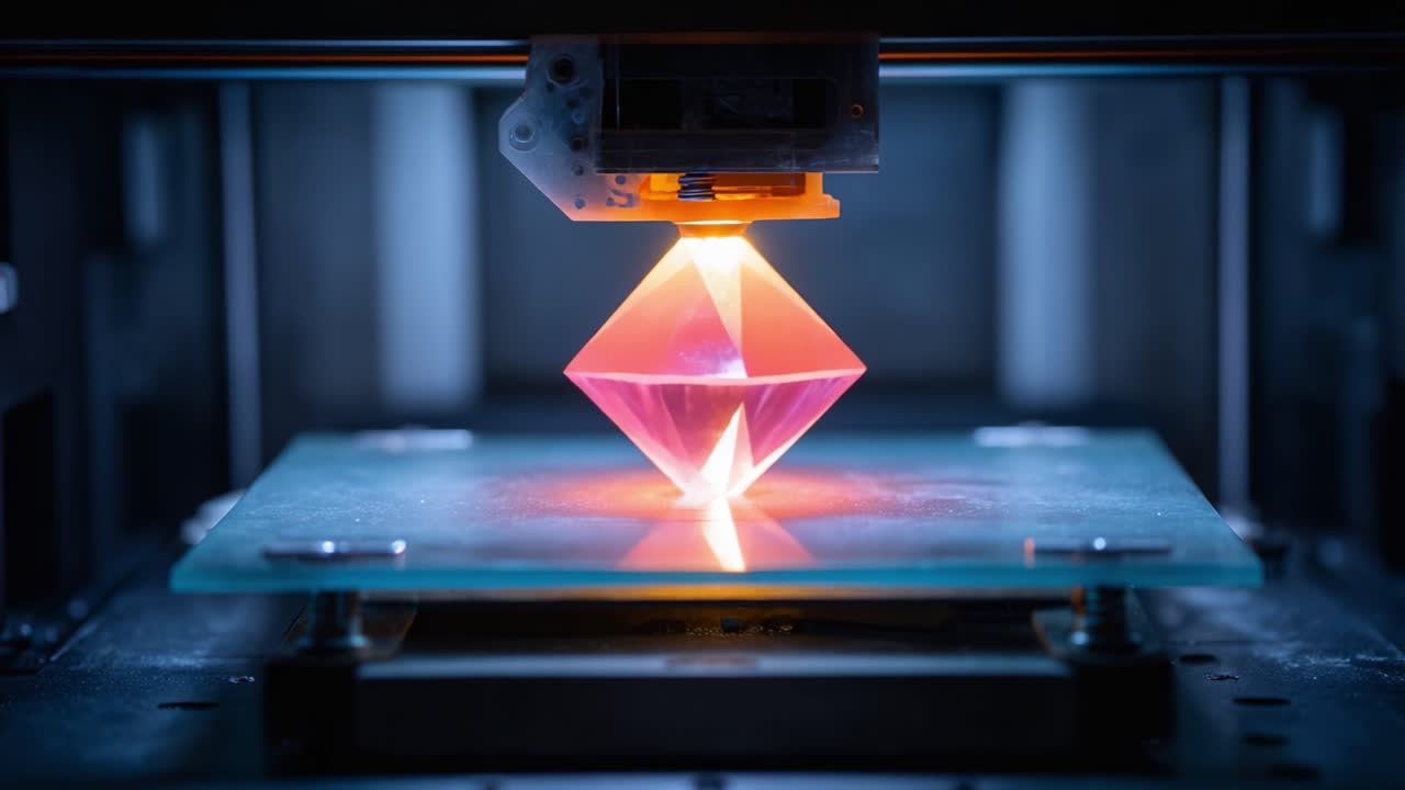 A Modern 3D Printer Creating a Stunning Pink Crystal Diamond Shape: The Fascinating Process of Additive Manufacturing and Its Precision Artistry