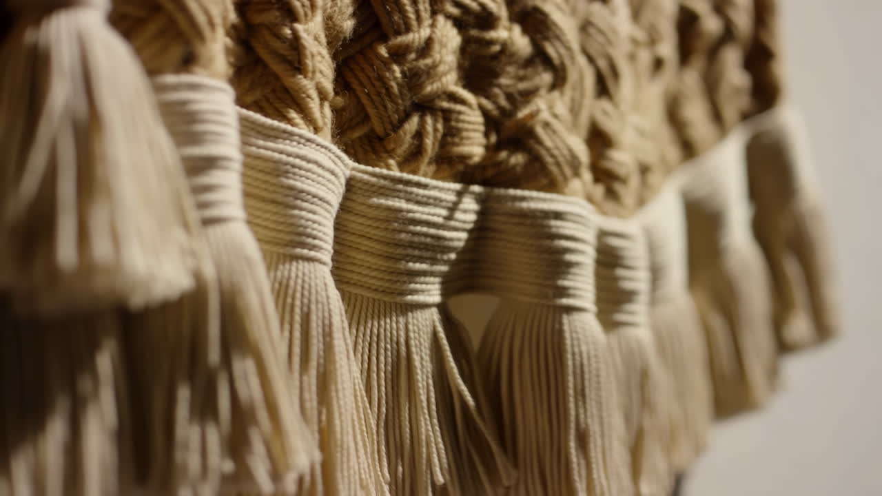 Primo piano Dettaglio di frangia con nappe in macramè Fibre naturali calde Nodi intrecciati Toni beige Corde morbide pendenti Artigianale