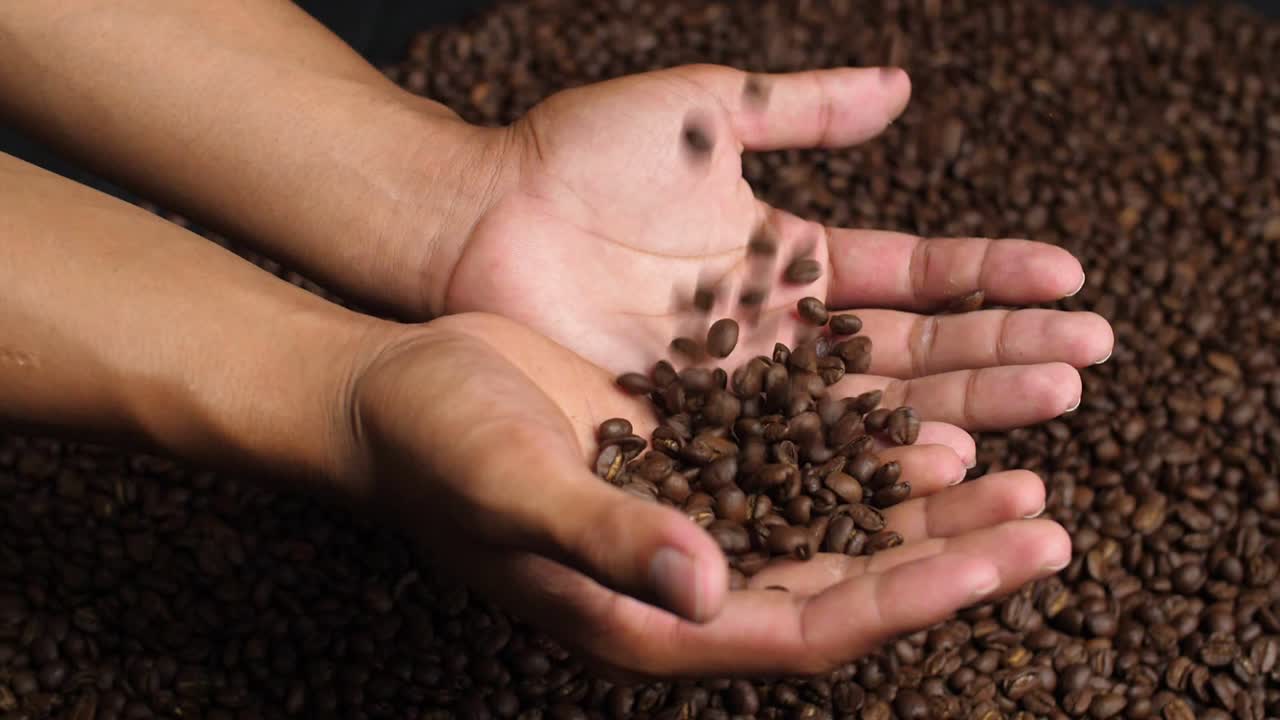 Coffee Beans Falling To Hands, Slow Motion