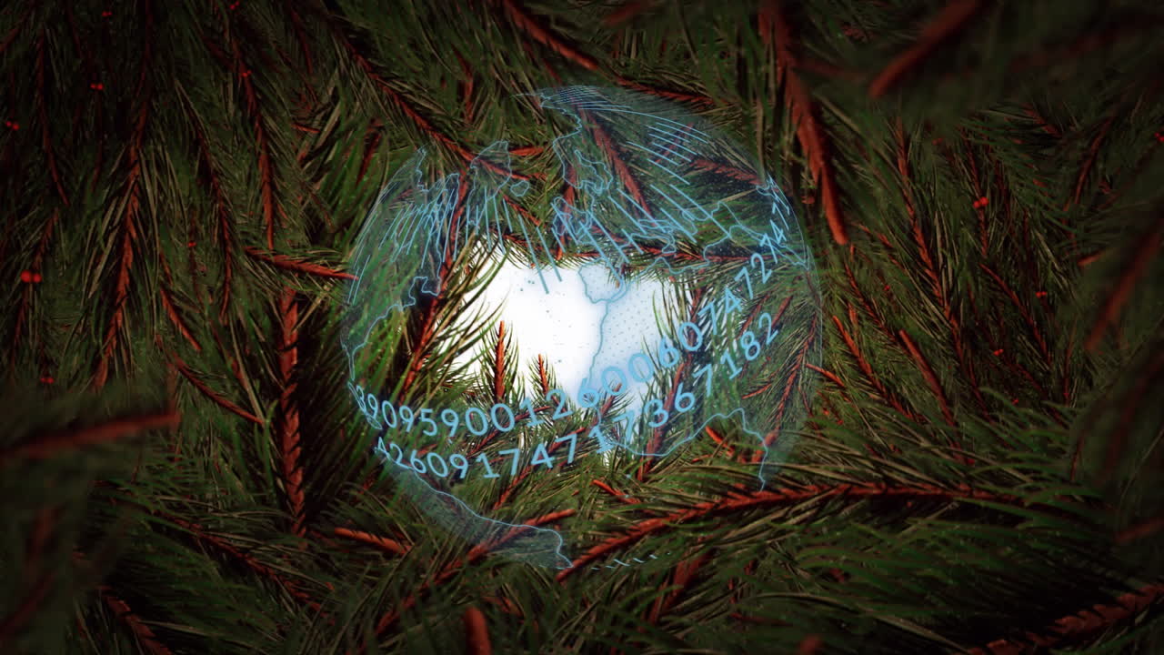 Digital globe with binary numbers and network connections, surrounded by pine branches