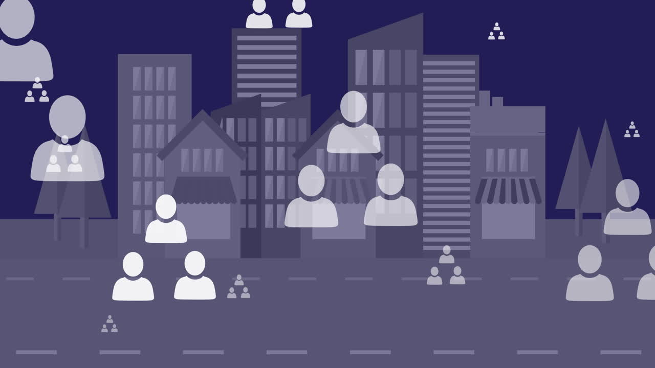 도시 풍경 위의 미디어 아이콘의 애니메이션