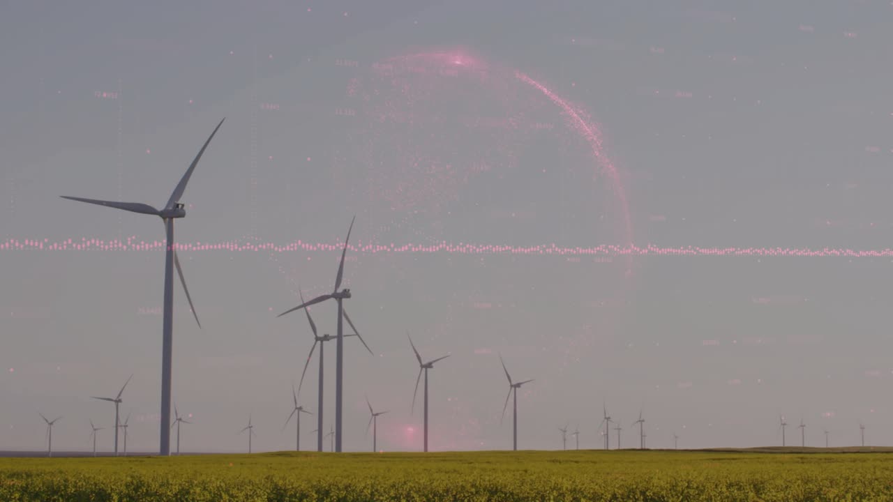 Wind turbines, pink arc forming from horizon flare, view panning left, blades turning to show power