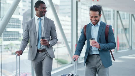 talking, happy and men with luggage at an airport