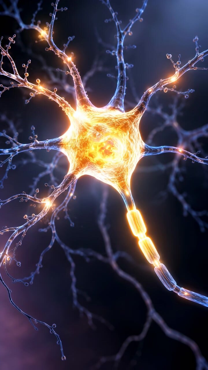 Una cellula nervosa luminosa passa da un nucleo arancione delicatamente illuminato a un bagliore brillante attraverso estensioni ramificate, poi si attenua mentre fibre neurali blu rimangono stratificate attraverso un'ombra profonda