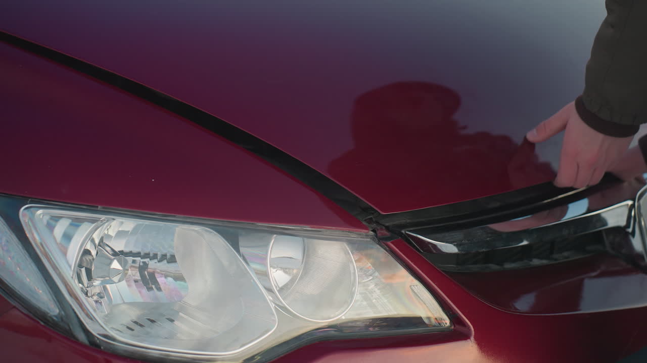 Close up of person adjusting and securing red car bonnet, ensuring hood is properly shut, hand pressing on edge near headlight, chrome trim and headlamp