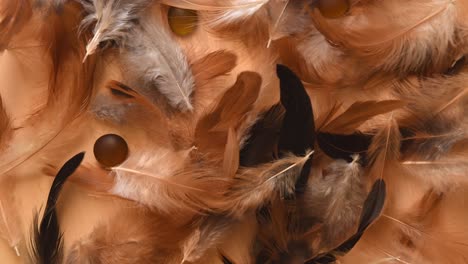 top view of a minimal background with soft and fluffy white, brown and black feathers falling, near some stones, on a light wooden background