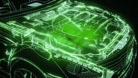 holographic animation of 3d wireframe car model with engine