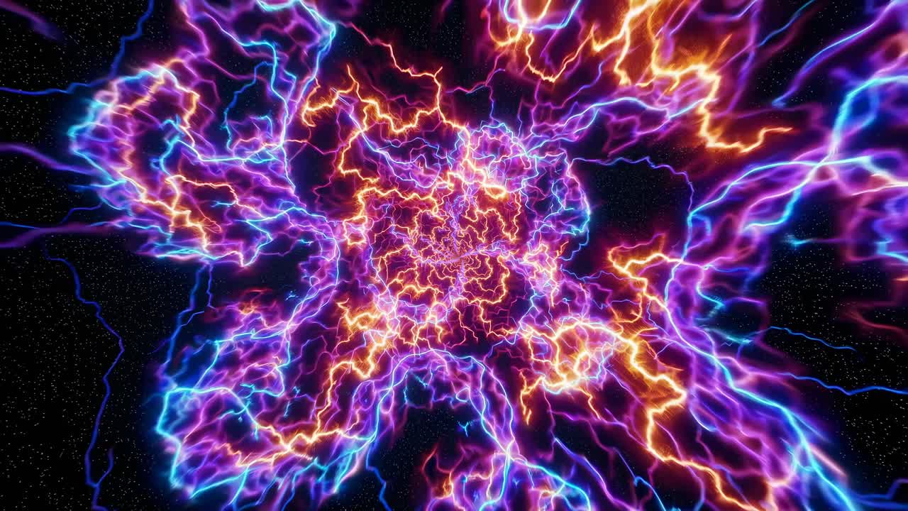 Dynamic video of vibrant, electric energy patterns in neon colors, captured from a top-down angle